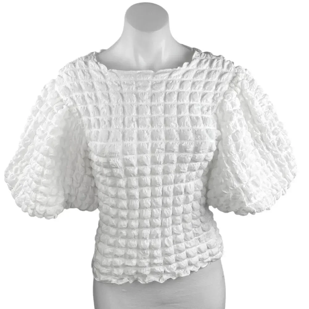Anthropologie Eri + Ali Women's White Textured Bubble Puff Sleeve Blouse Top XXS